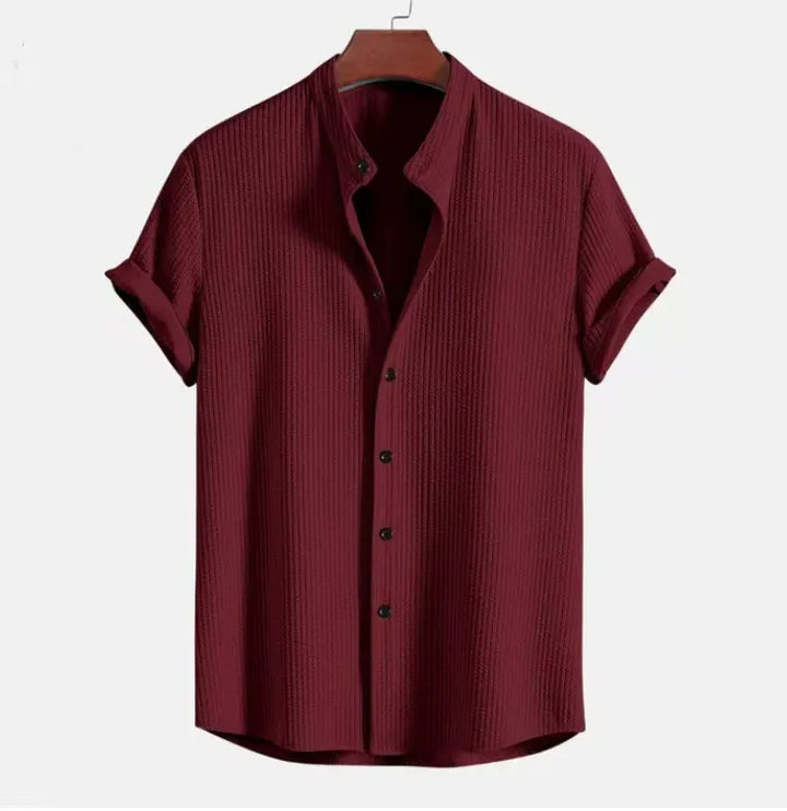 Men’s Short Sleeve Shirt – Cotton – Jacquard Texture – Regular Fit – Band Collar Casual Wear