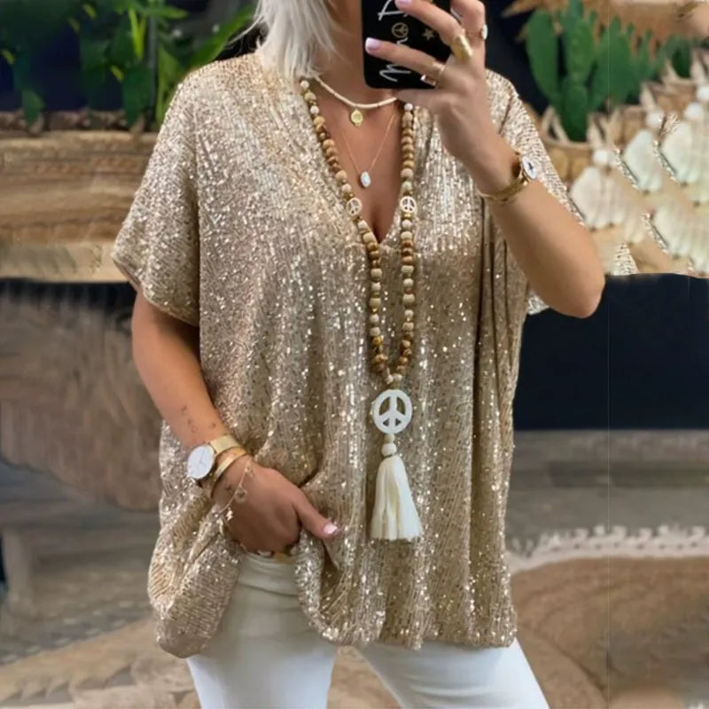 Women’s V-Neck T-Shirt – Relaxed Fit – Short Sleeve – Sequin Embellished