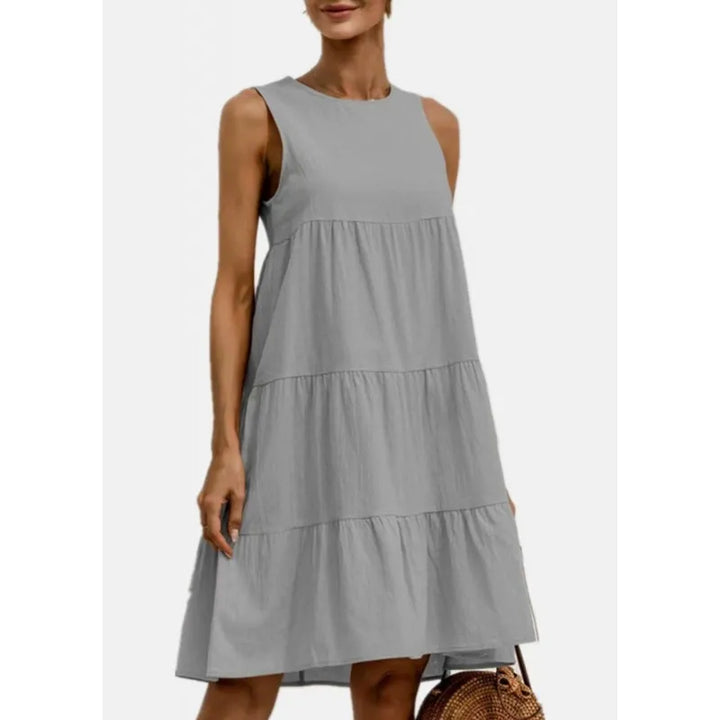 Women’s Sleeveless Dress – Cotton Linen Blend – Loose Fit – Tiered A-Line Midi