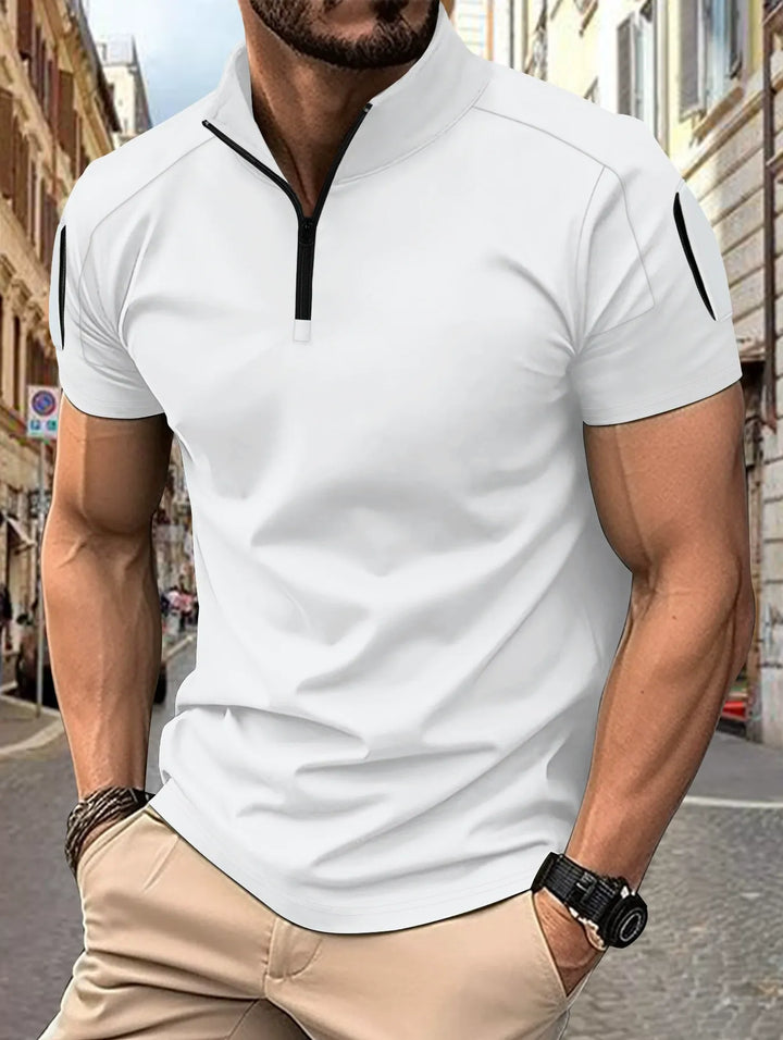 Men’s Polo Shirt - Slim Fit - Cotton Blend - Zip Collar - Tactical Sleeve Pockets