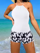 Women’s Tankini Set - Halter Neck Backless Top - Stretch Fit - Floral Tie Shorts