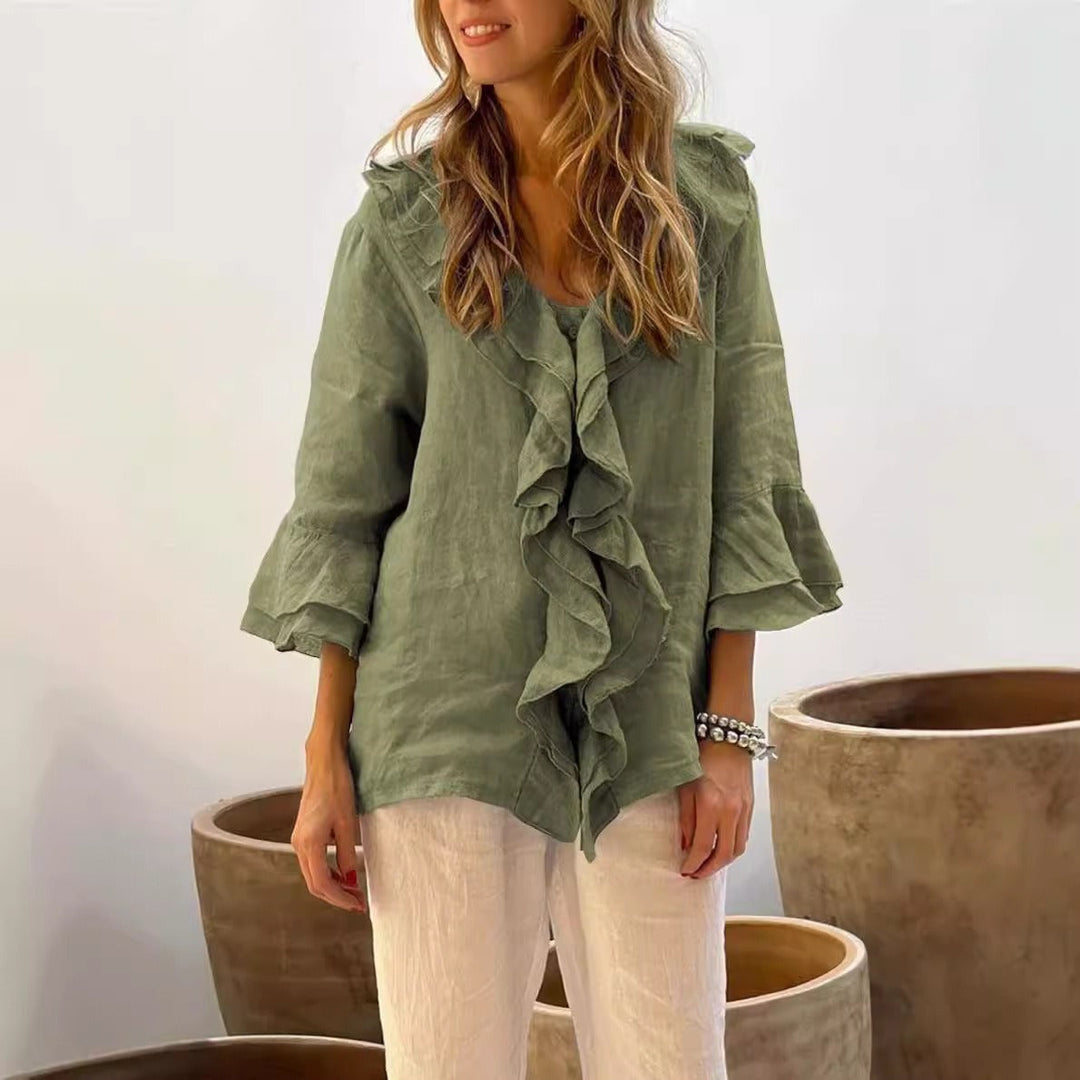 Women’s V-Neck Top – Loose Fit – Flying Sleeves – Ruffle Trim – Linen Blend