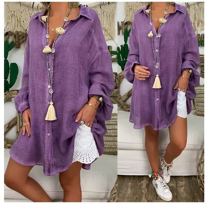 Women’s Long Sleeve Blouse – Oversized Fit – Button Up – Cotton Linen – Casual Style
