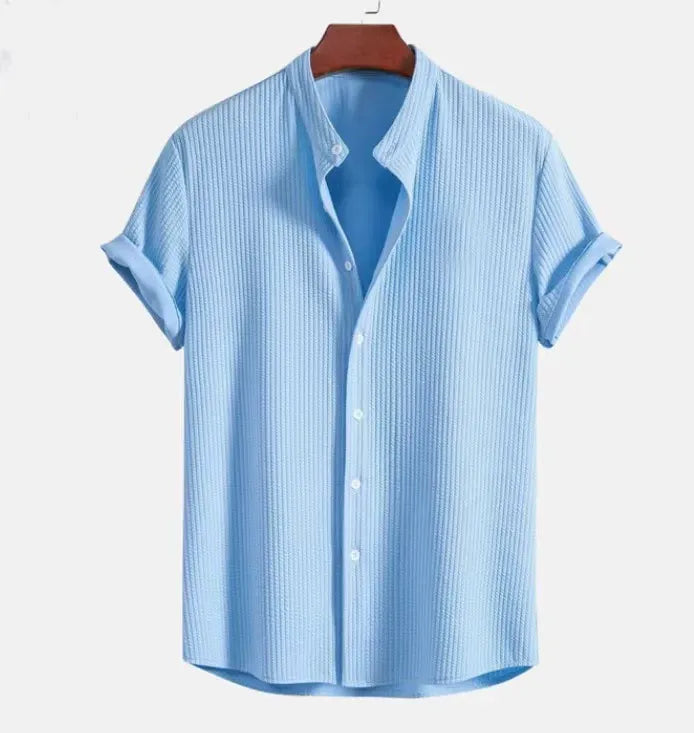 Men’s Short Sleeve Shirt – Cotton – Jacquard Texture – Regular Fit – Band Collar Casual Wear