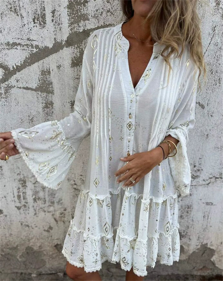 Women’s Dress - Flared Fit - Lace Bell Sleeves - Tiered Hem - Metallic Detail - Button Front