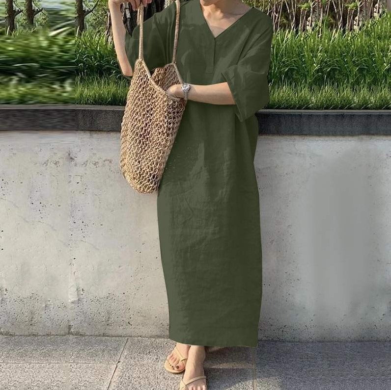 Women’s Maxi Dress – Cotton Linen – V-Neck – Short Sleeve – Relaxed Fit Casual Wear