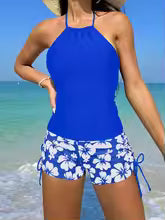 Women’s Tankini Set - Halter Neck Backless Top - Stretch Fit - Floral Tie Shorts