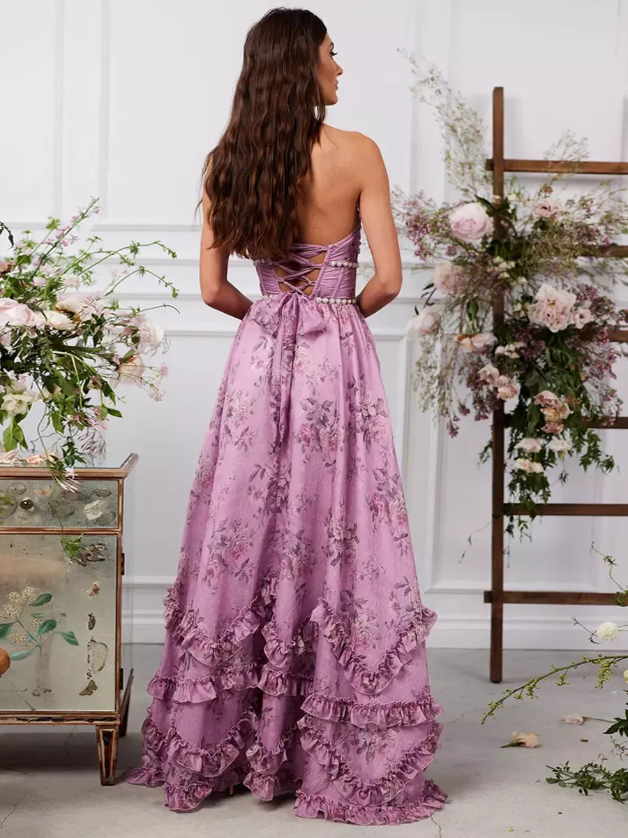 Women’s Maxi Dress – Halter Neck – Beaded Waist – A-Line Fit – Ruffled Hem – Floral Pattern