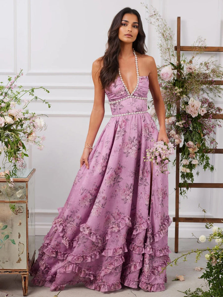 Women’s Maxi Dress – Halter Neck – Beaded Waist – A-Line Fit – Ruffled Hem – Floral Pattern