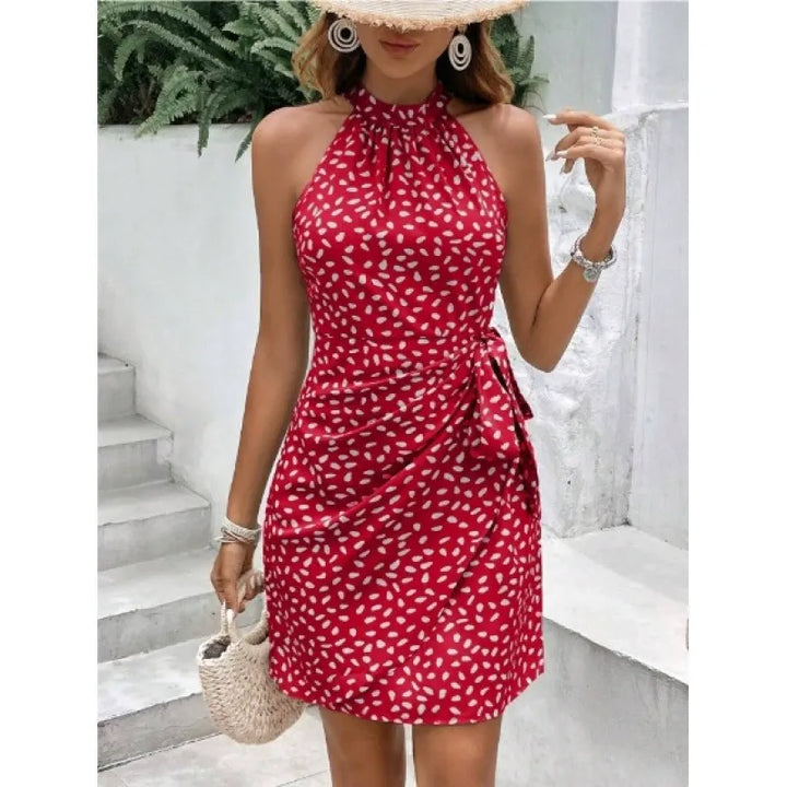 Women’s Short Dress – Slim Fit – Halter Neck – Pleated Wrap Style – Zipper Back