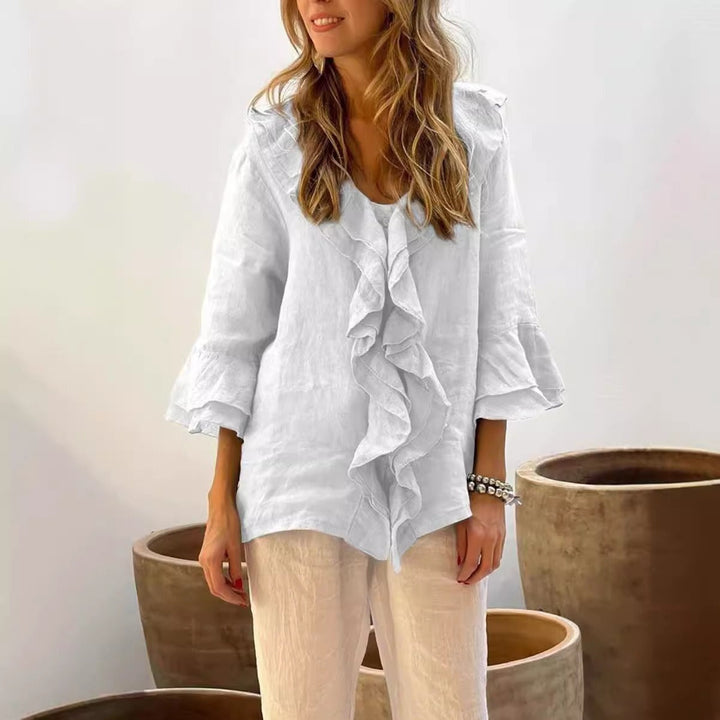Women’s V-Neck Top – Loose Fit – Flying Sleeves – Ruffle Trim – Linen Blend