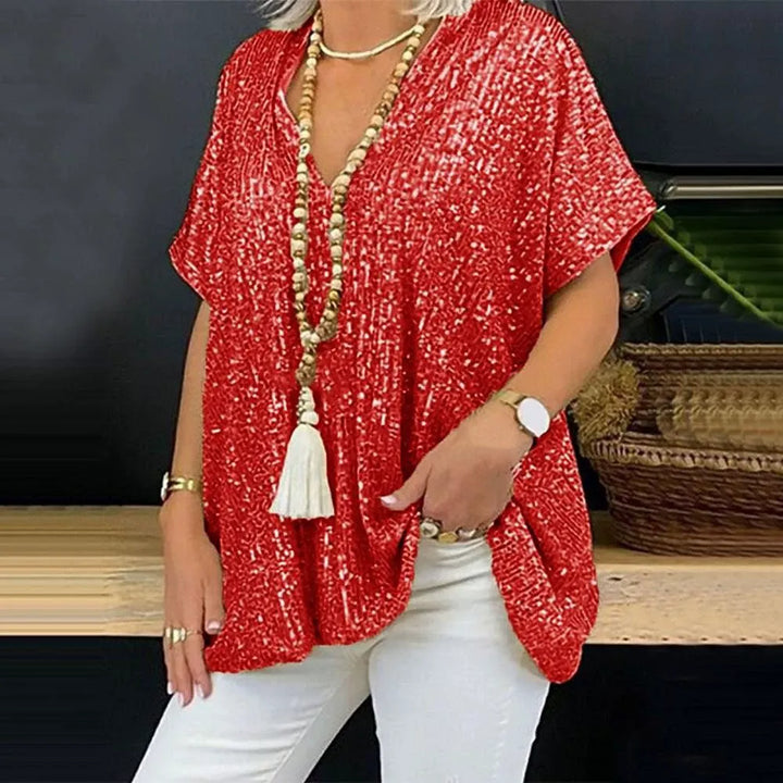 Women’s V-Neck T-Shirt – Relaxed Fit – Short Sleeve – Sequin Embellished