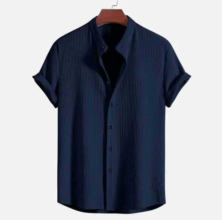 Men’s Short Sleeve Shirt – Cotton – Jacquard Texture – Regular Fit – Band Collar Casual Wear