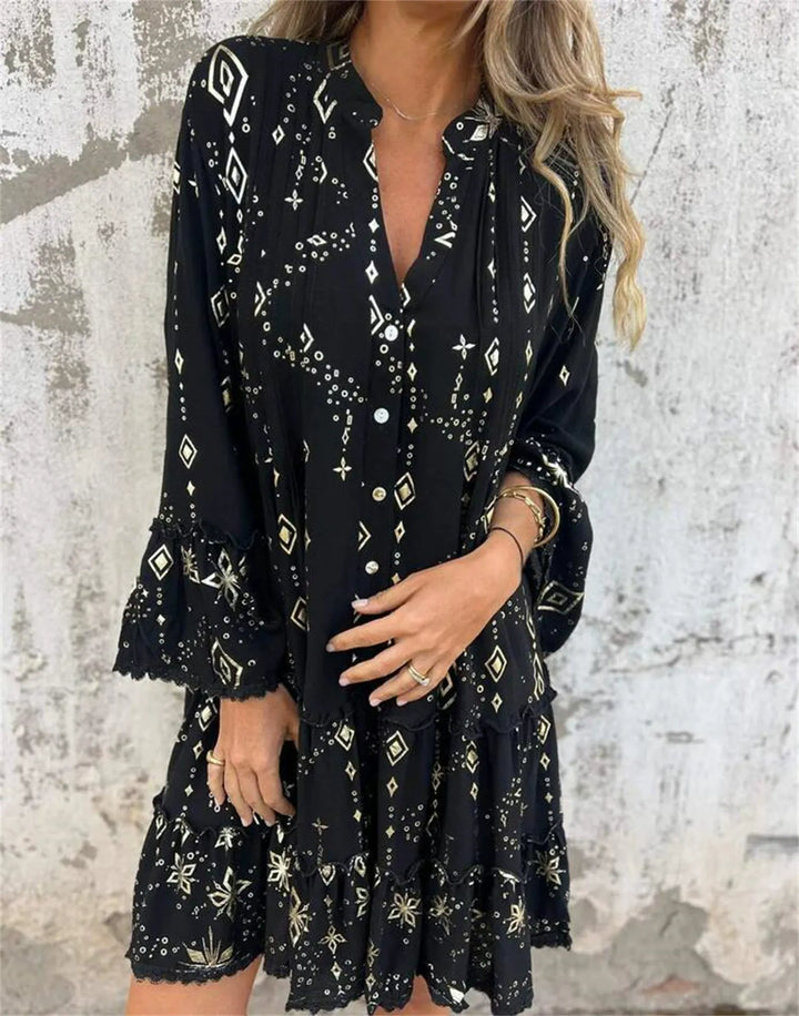 Women’s Dress - Flared Fit - Lace Bell Sleeves - Tiered Hem - Metallic Detail - Button Front