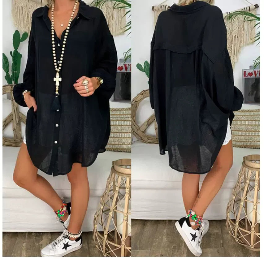 Women’s Long Sleeve Blouse – Oversized Fit – Button Up – Cotton Linen – Casual Style