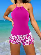 Women’s Tankini Set - Halter Neck Backless Top - Stretch Fit - Floral Tie Shorts