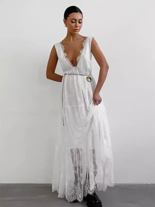 Women’s Long Dress – Deep V-Neck – Sleeveless – Lace Detail – Flowy Elegant Fit