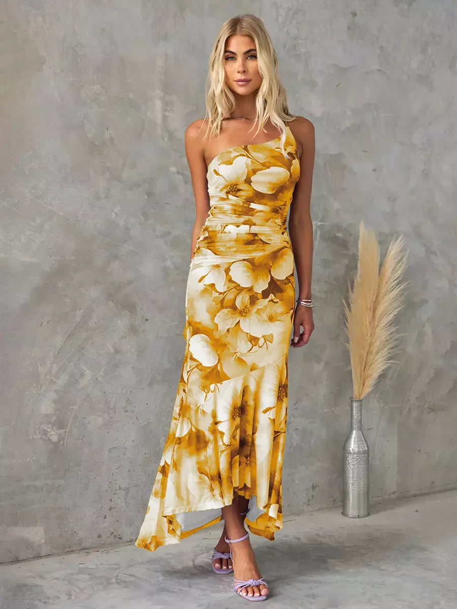 Women’s Long Dress – One-Shoulder Fit – Ruched Waist – Flowy Silhouette – Floral Print