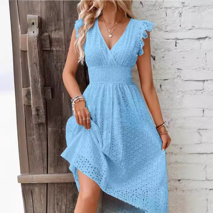 Women’s Midi Dress – A-Line Fit – Broderie Anglaise – Ruffled Sleeves – Wrap Neckline
