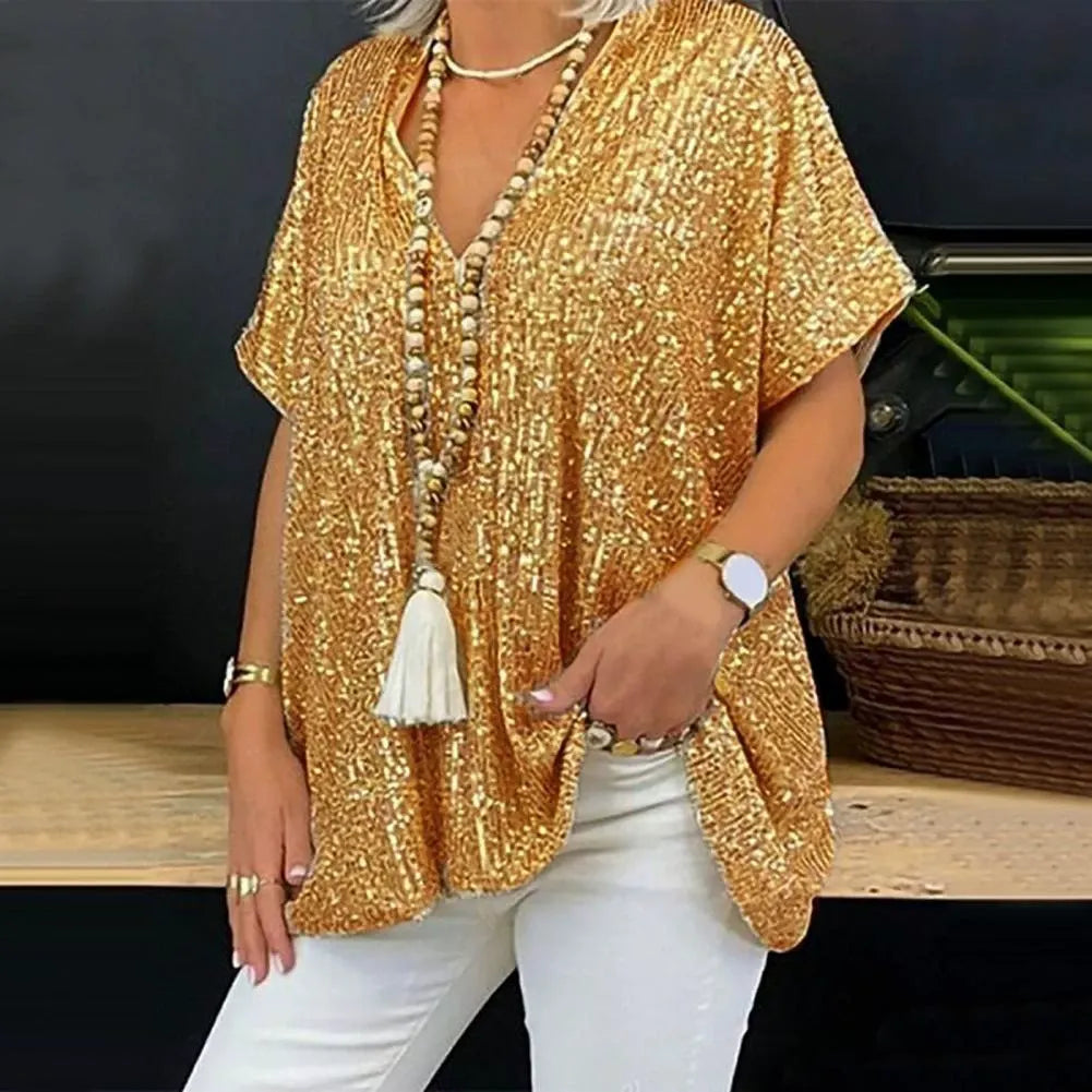 Women’s V-Neck T-Shirt – Relaxed Fit – Short Sleeve – Sequin Embellished