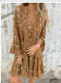 Women’s Dress - Flared Fit - Lace Bell Sleeves - Tiered Hem - Metallic Detail - Button Front