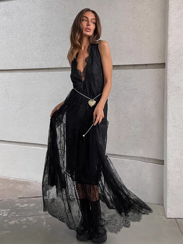 Women’s Long Dress – Deep V-Neck – Sleeveless – Lace Detail – Flowy Elegant Fit