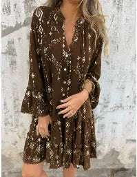 Women’s Dress - Flared Fit - Lace Bell Sleeves - Tiered Hem - Metallic Detail - Button Front