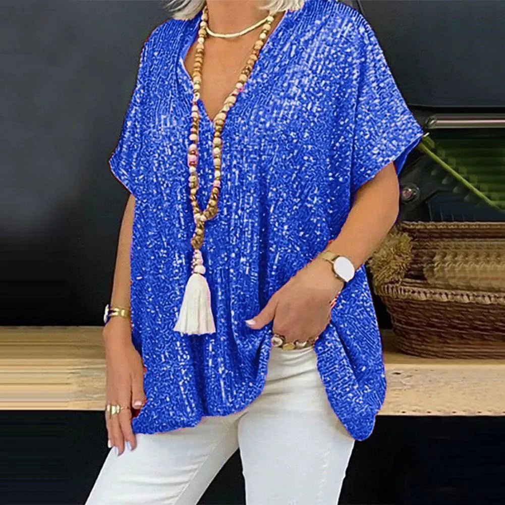 Women’s V-Neck T-Shirt – Relaxed Fit – Short Sleeve – Sequin Embellished