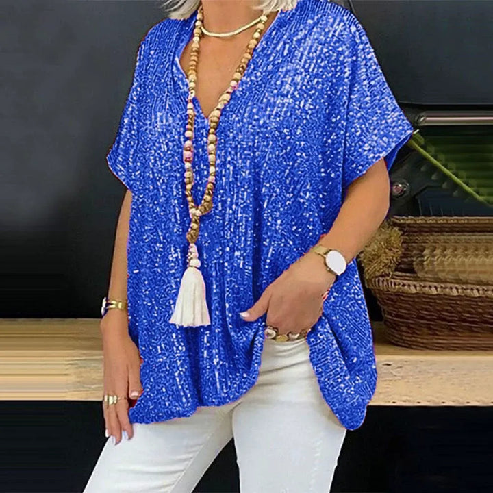 Women’s V-Neck T-Shirt – Relaxed Fit – Short Sleeve – Sequin Embellished