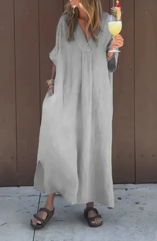 Women’s Maxi Dress - Cotton - Loose Fit - V-Neck - Short Sleeve