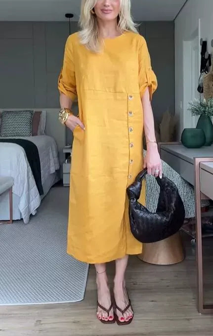 Women’s Midi Dress – Cotton Linen – Relaxed Fit – Short Sleeve – Side Button Detail