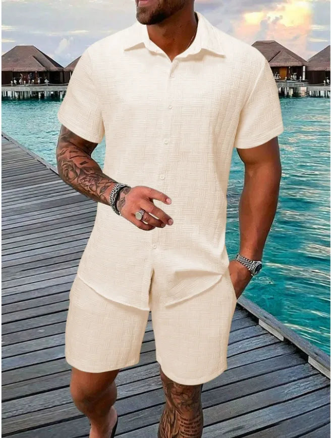 Men’s Casual Set - Relaxed Fit - Jacquard Texture - Short Sleeve Casual Wear