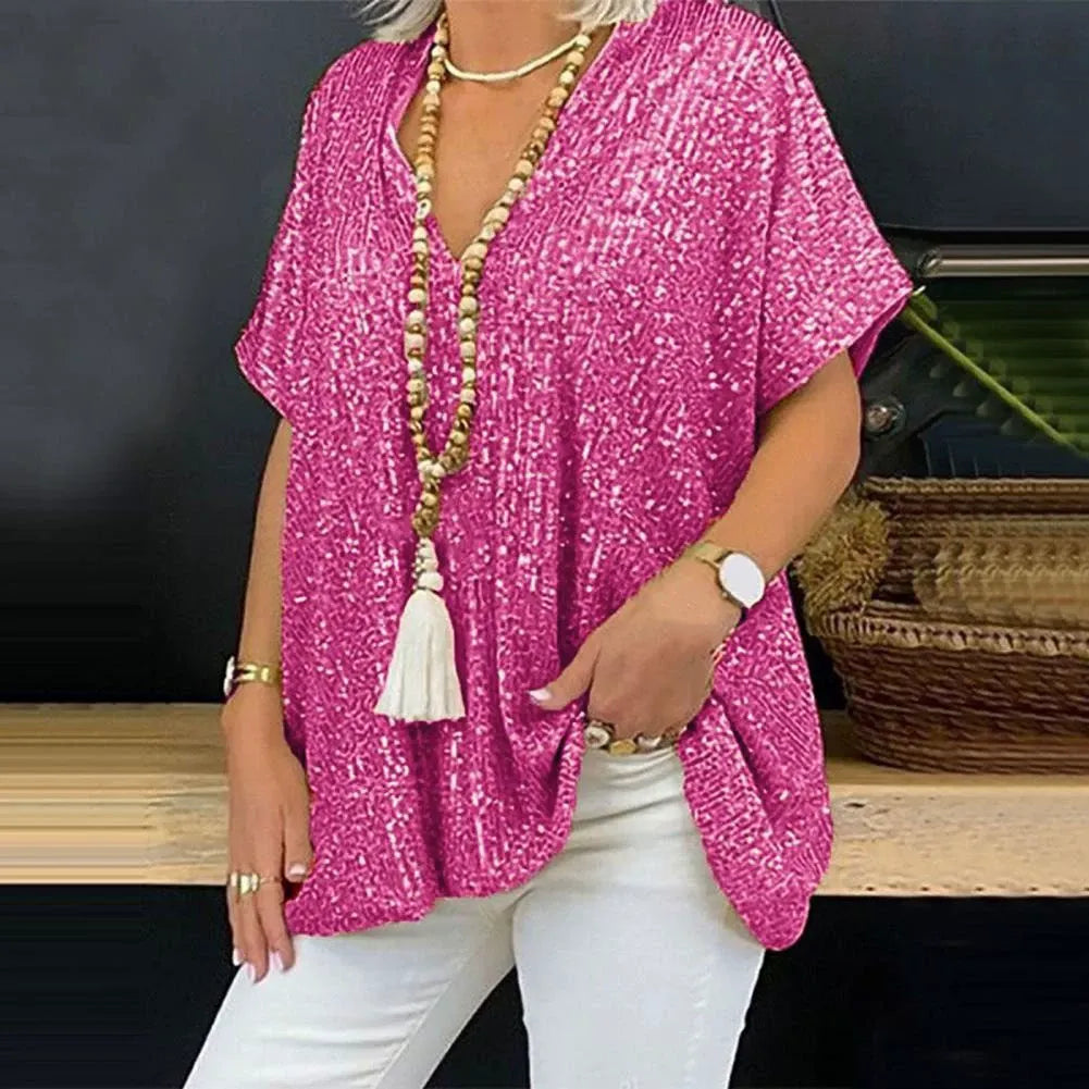 Women’s V-Neck T-Shirt – Relaxed Fit – Short Sleeve – Sequin Embellished