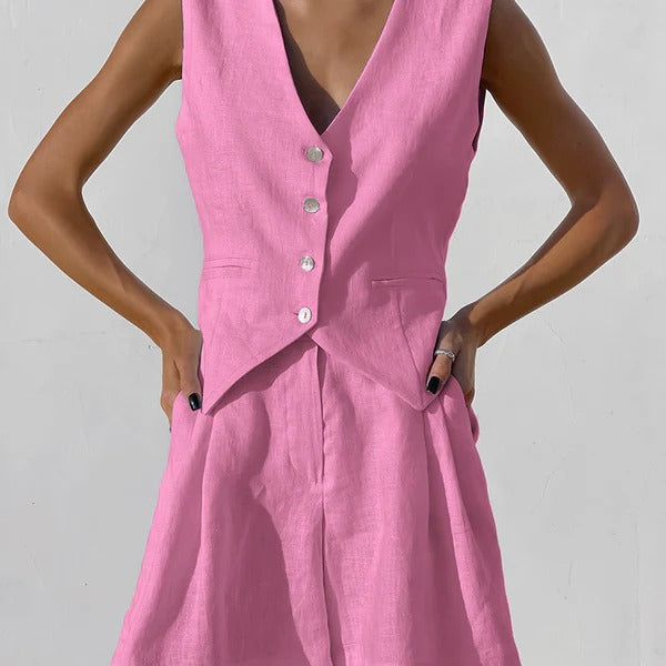 Women’s Vest and Short Set – Linen – Relaxed Fit – Tailored V-Neck – Button Front – Waist Length