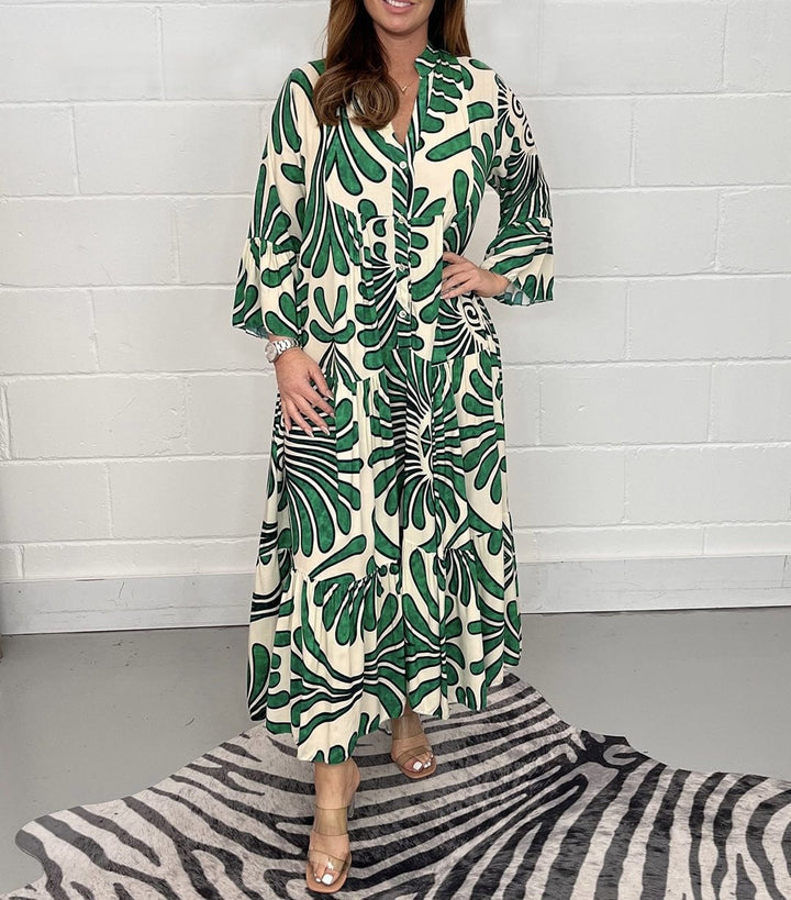 Women’s Midi Dress – Chiffon – Loose Fit – V-Neck – Pleated – Printed – 3/4 Sleeve