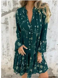 Women’s Dress - Flared Fit - Lace Bell Sleeves - Tiered Hem - Metallic Detail - Button Front