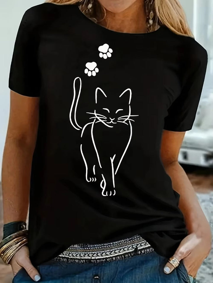 Women’s T-Shirt - Relaxed Fit - Cotton Blend - Short Sleeve Cat Graphic Casual Style