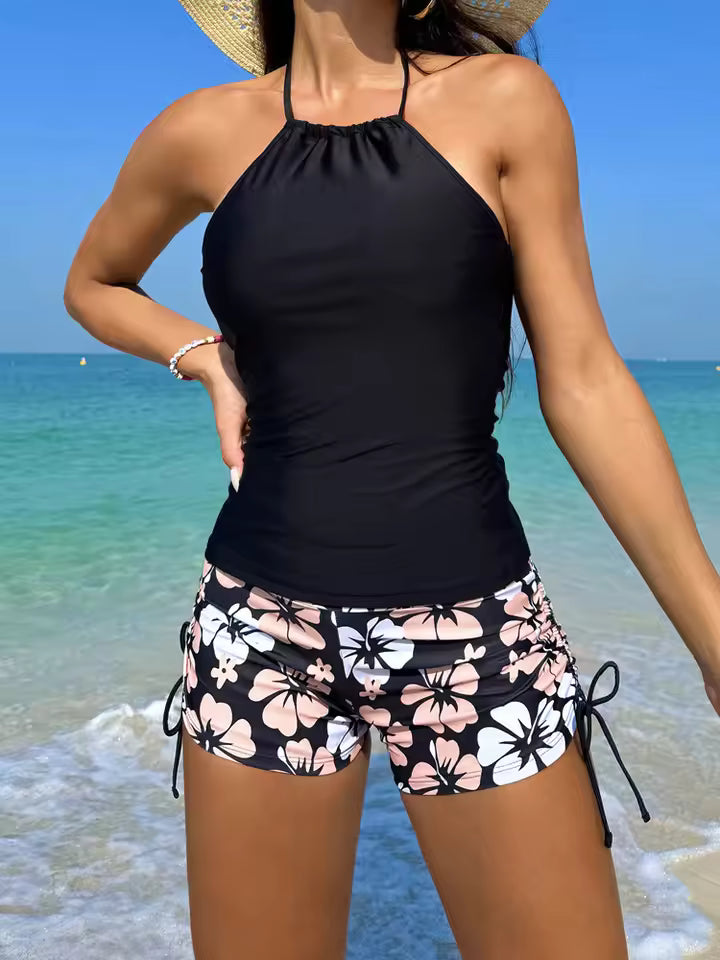 Women’s Tankini Set - Halter Neck Backless Top - Stretch Fit - Floral Tie Shorts