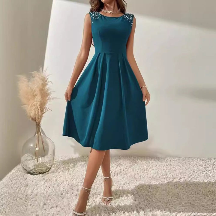 Women’s Midi Dress – Fitted Waist – A-Line Silhouette – Beaded Shoulder Detail