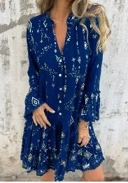 Women’s Dress - Flared Fit - Lace Bell Sleeves - Tiered Hem - Metallic Detail - Button Front