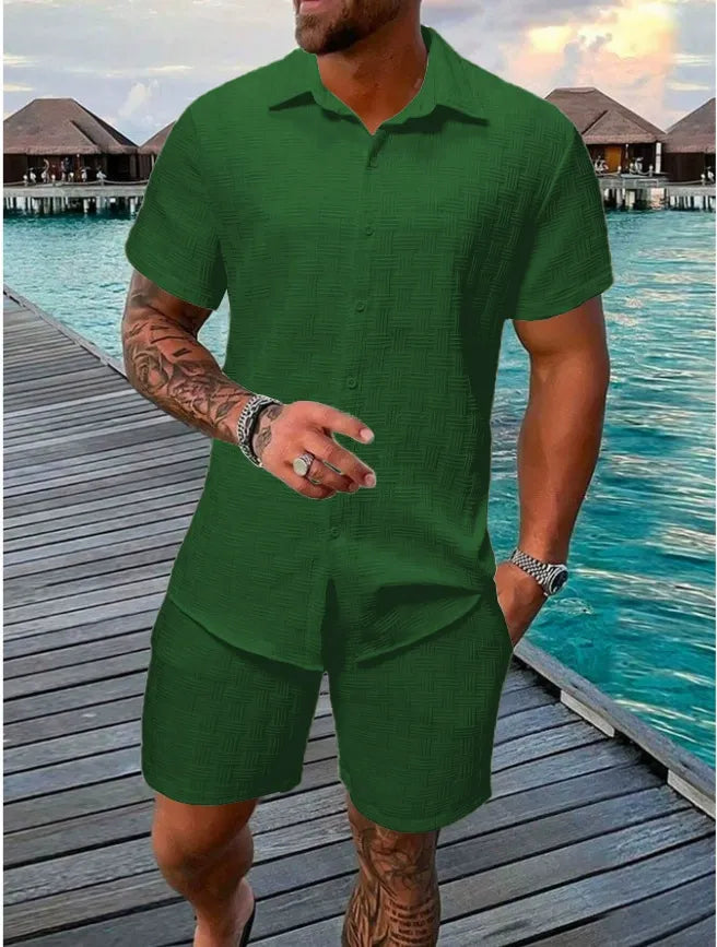 Men’s Casual Set - Relaxed Fit - Jacquard Texture - Short Sleeve Casual Wear