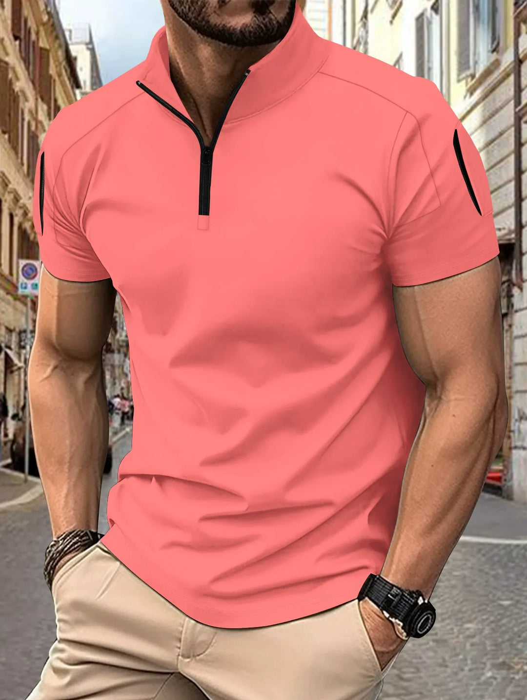 Men’s Polo Shirt - Slim Fit - Cotton Blend - Zip Collar - Tactical Sleeve Pockets