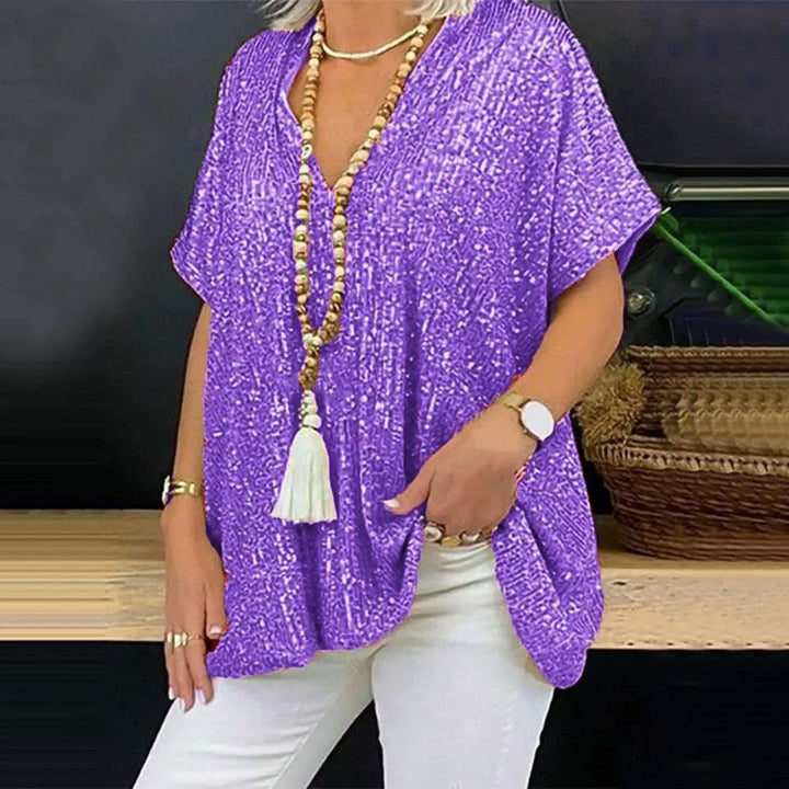 Women’s V-Neck T-Shirt – Relaxed Fit – Short Sleeve – Sequin Embellished