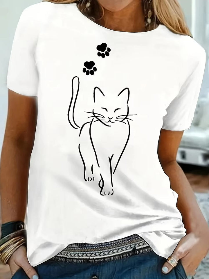 Women’s T-Shirt - Relaxed Fit - Cotton Blend - Short Sleeve Cat Graphic Casual Style