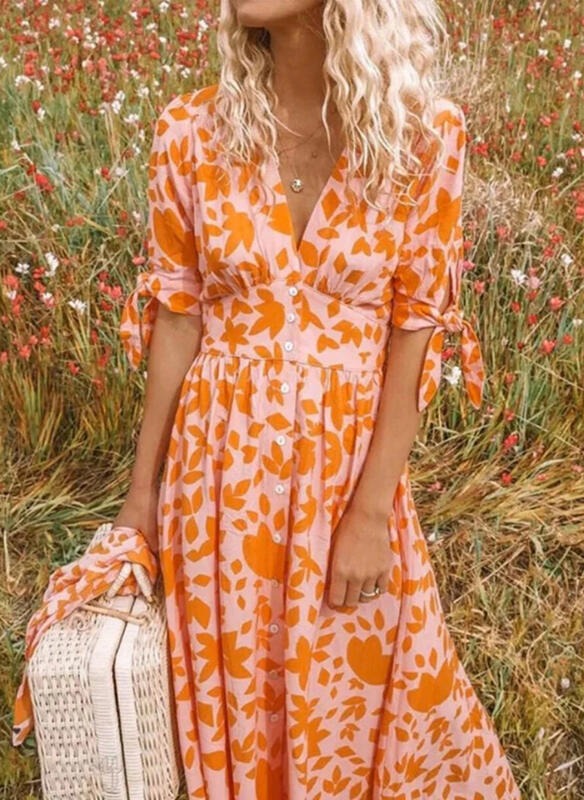 Women’s Midi Dress – Relaxed Fit – V-Neck – Short Sleeve – Button Front – Breathable Blend