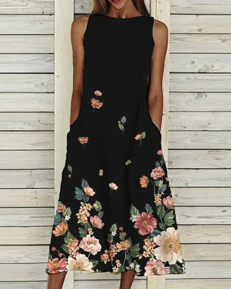 Women’s Midi Dress – Sleeveless A-Line – Relaxed Fit – Breathable Blend – Floral Detail