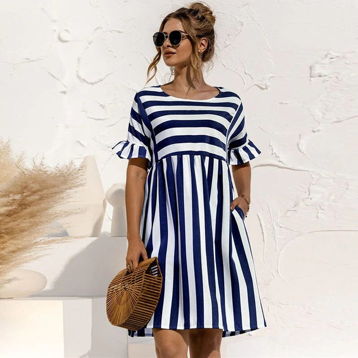 Women’s Mini Dress - Relaxed Fit - Ruffle Sleeve - A-Line Silhouette - Breathable Blend