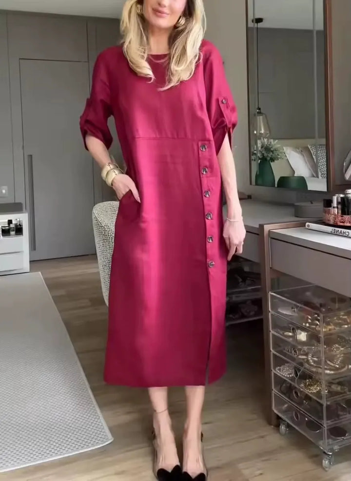 Women’s Midi Dress – Cotton Linen – Relaxed Fit – Short Sleeve – Side Button Detail