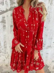 Women’s Dress - Flared Fit - Lace Bell Sleeves - Tiered Hem - Metallic Detail - Button Front