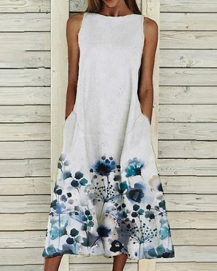 Women’s Midi Dress – Sleeveless A-Line – Relaxed Fit – Breathable Blend – Floral Detail